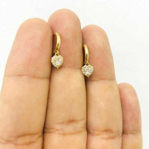 14K Yellow Gold CZ Huggies Hoop Earrings Heart Drop Earrings for Womens Aretes - Picture 2 of 6